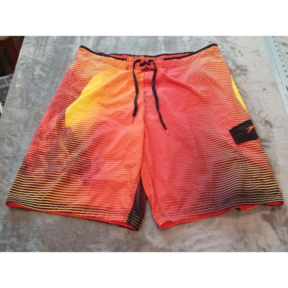 Speedo Men's Orange/Red Striped Drawstring Waist Board Shorts Cardo Pocket